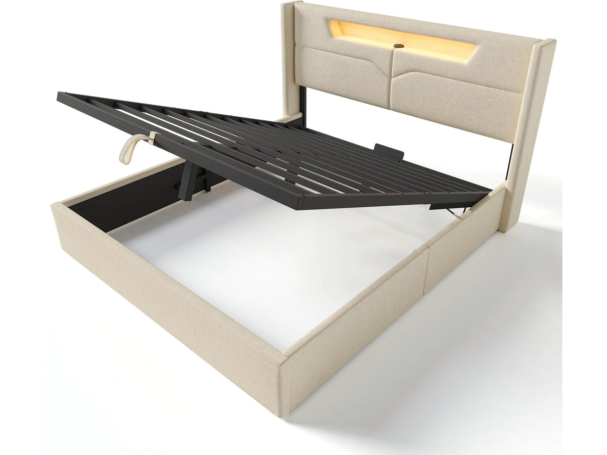 Lit Coffre 140x200 Tissu Lin Beige avec LED et Port USB — vue 4
