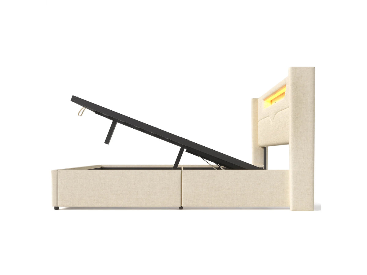 Lit Coffre 140x200 Tissu Lin Beige avec LED et Port USB — vue 5