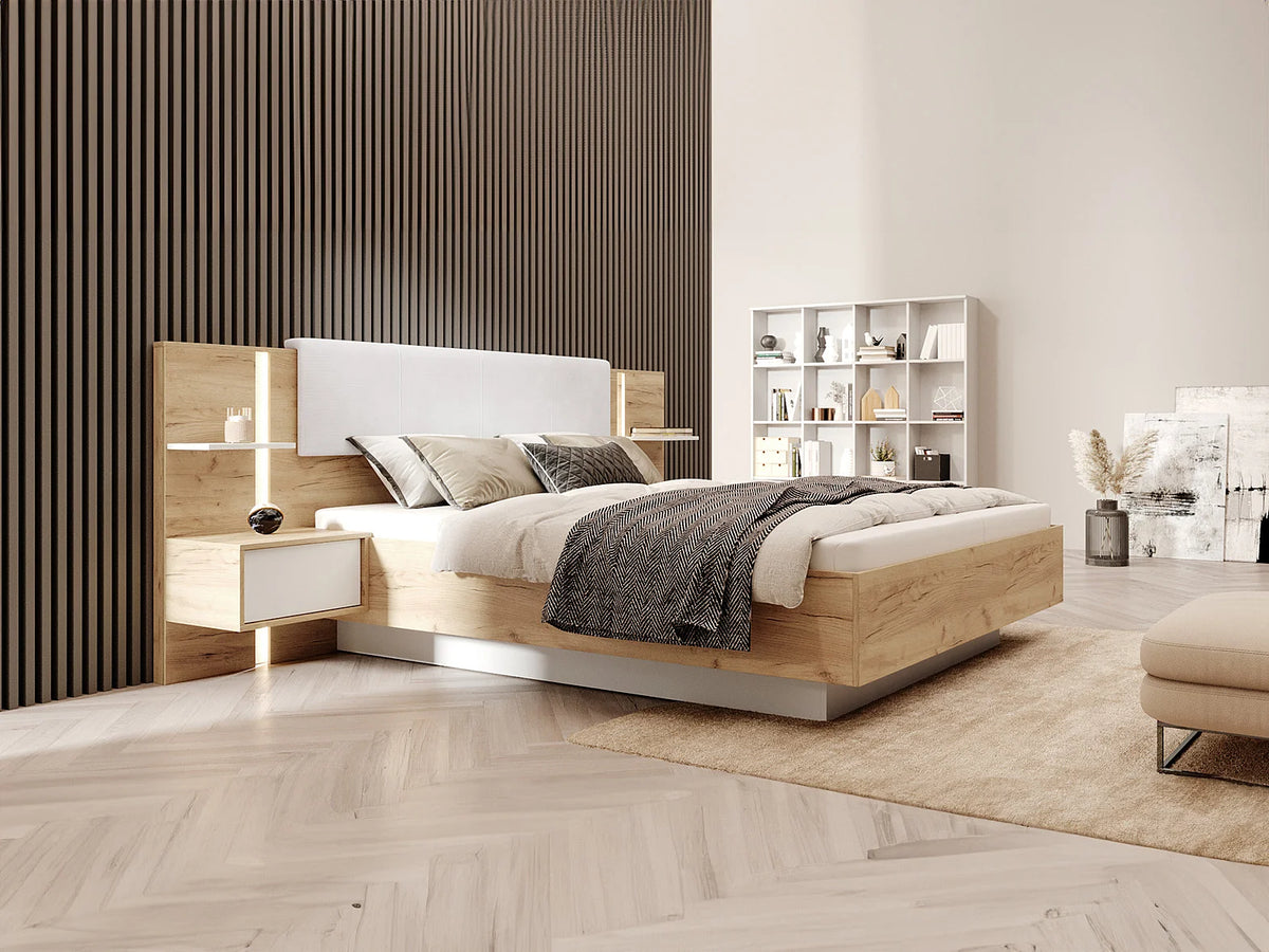 Lit Coffre 160x200 Velours Côtelé Blanc avec Chevets, LED et Tiroirs - ELYNIA — vue 2