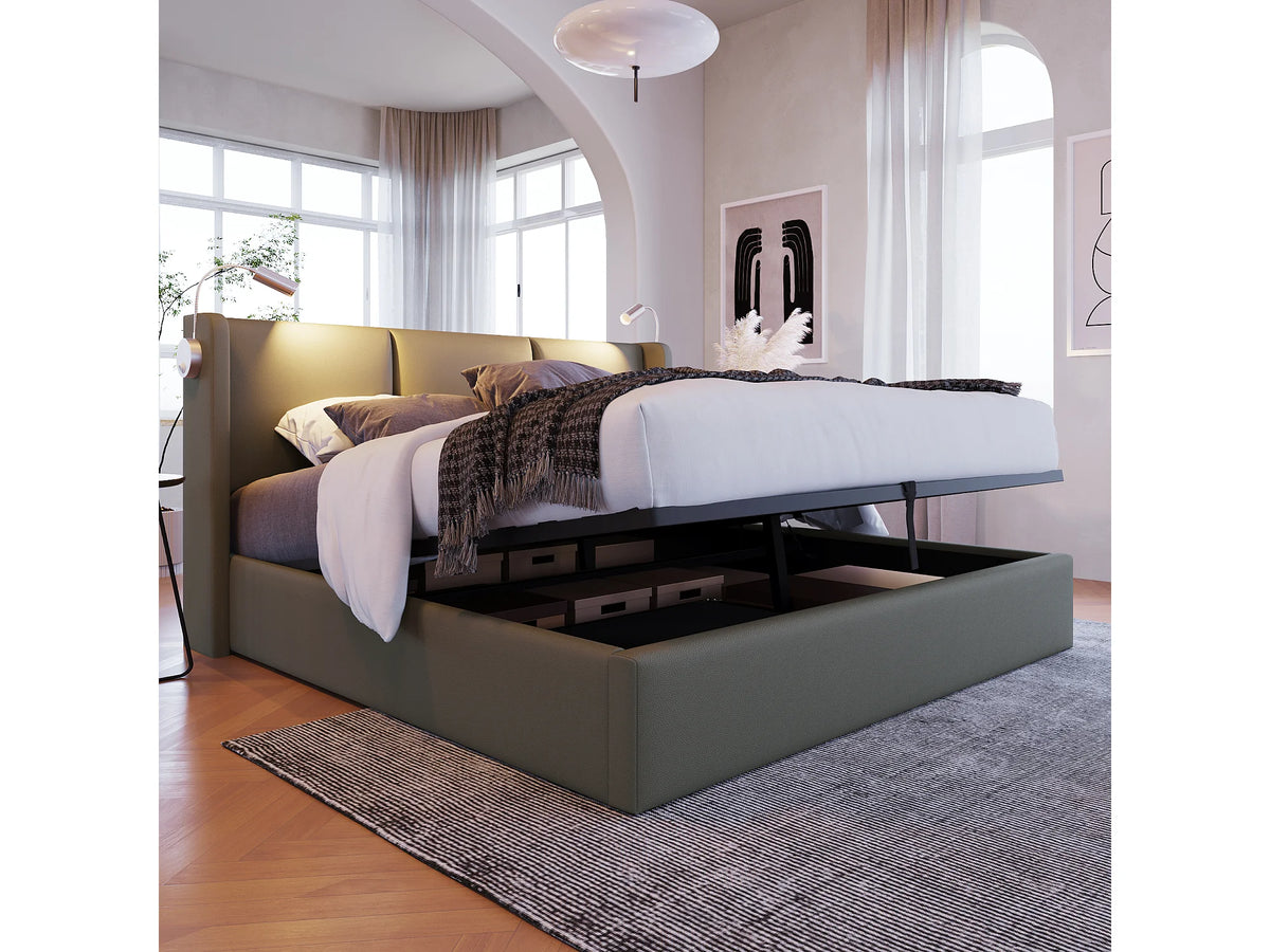 Lit Coffre 140x200 Bois Gris avec Tiroirs et Port USB