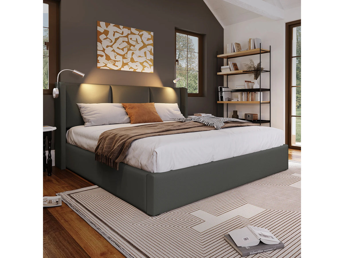 Lit Coffre 140x200 Bois Gris avec Tiroirs et Port USB — vue 2