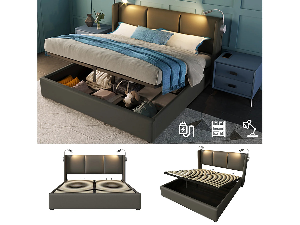 Lit Coffre 140x200 Bois Gris avec Tiroirs et Port USB — vue 4
