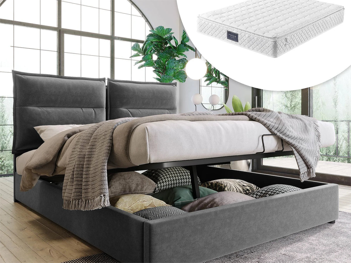 Lit Coffre 140x200 Velours Gris avec Matelas