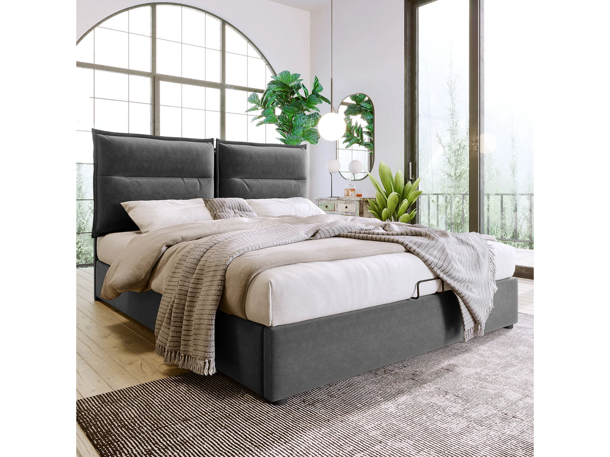Lit Coffre 140x200 Velours Gris avec Matelas — vue 2