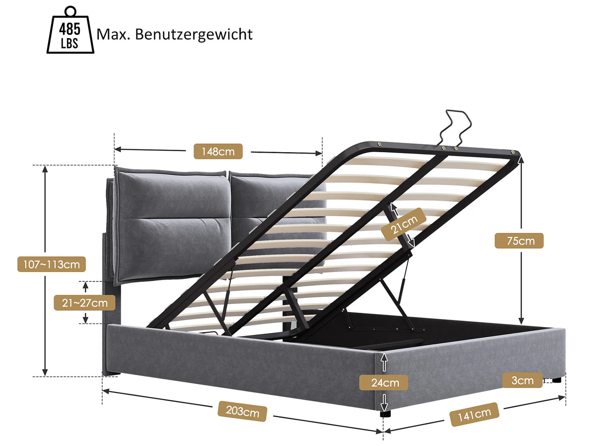 Lit Coffre 140x200 Velours Gris avec Matelas — vue 9