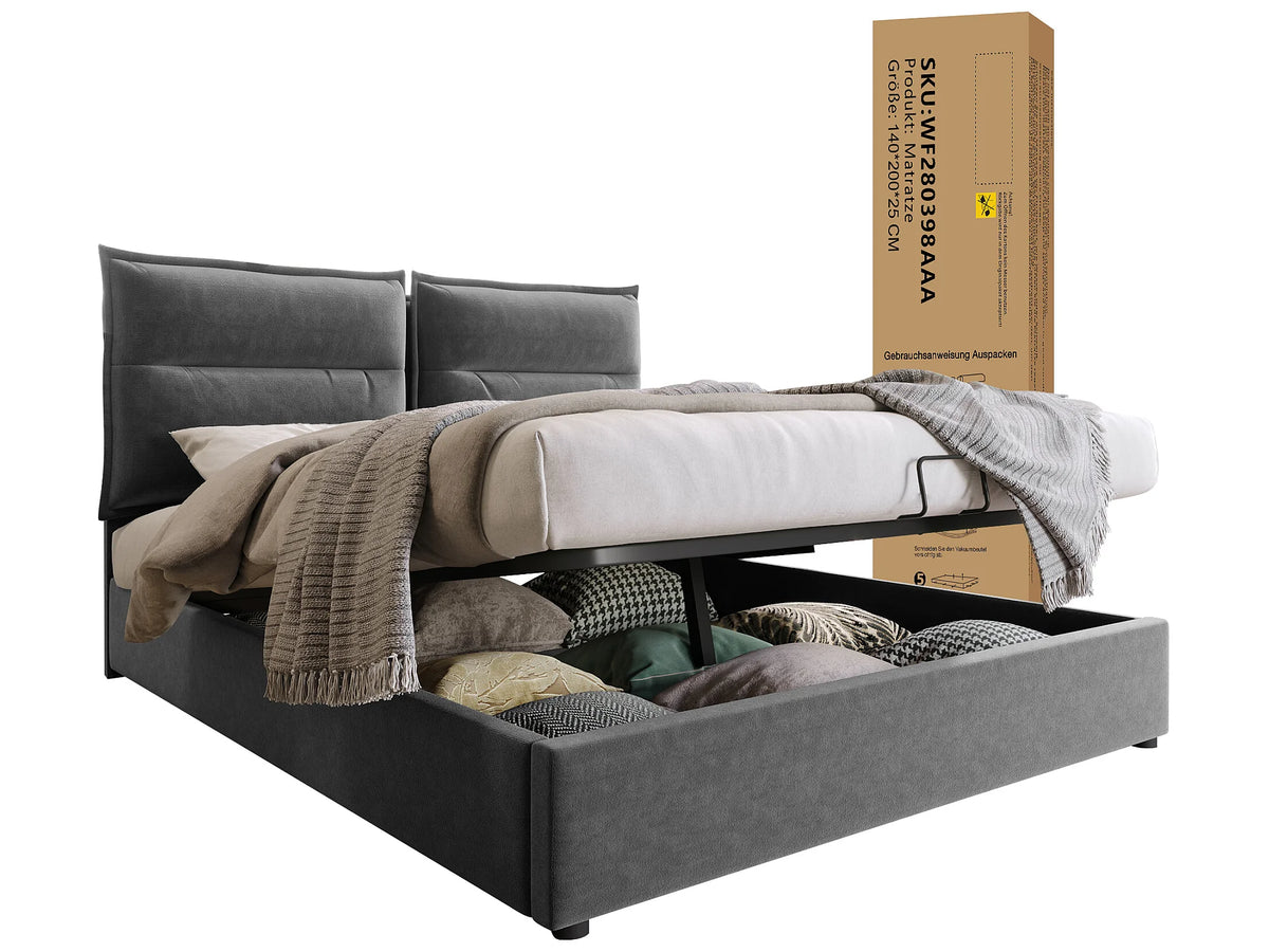 Lit Coffre 140x200 Velours Gris avec Matelas — vue 6