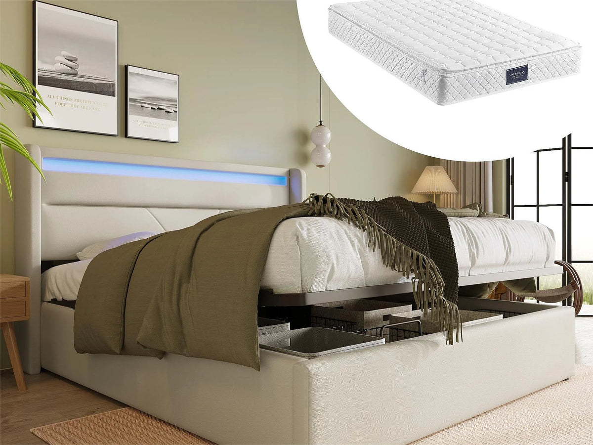 Lit Coffre 140x200 Simili Cuir Blanc avec Matelas et LED