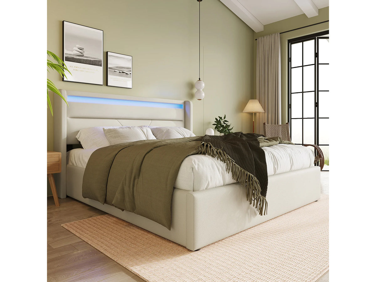 Lit Coffre 140x200 Simili Cuir Blanc avec Matelas et LED — vue 2
