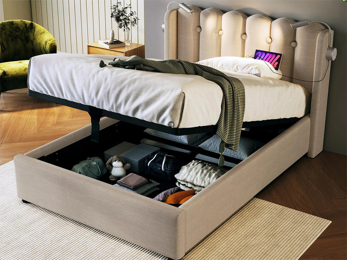 Lit Coffre 90x200 Tissu Lin Naturel clair avec Port USB