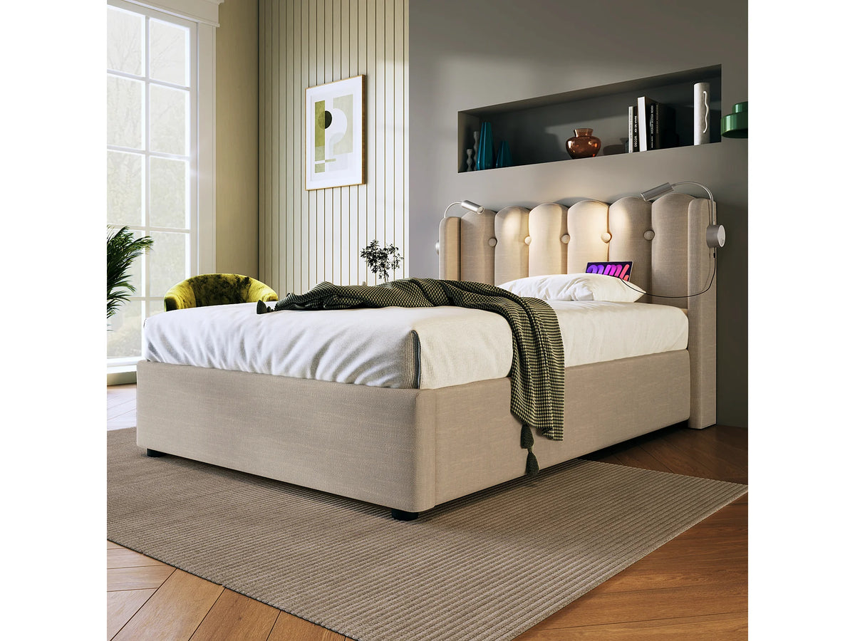 Lit Coffre 90x200 Tissu Lin Naturel clair avec Port USB — vue 2
