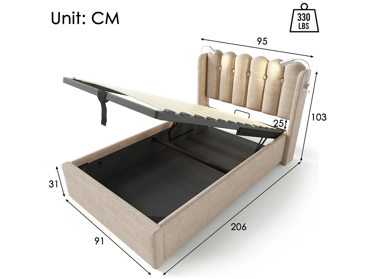 Lit Coffre 90x200 Tissu Lin Naturel clair avec Port USB — vue 7