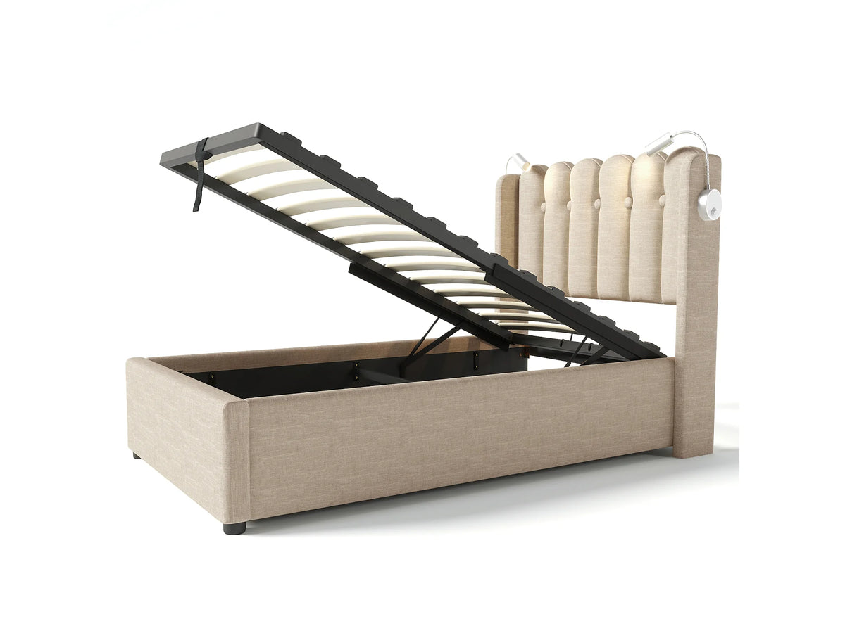 Lit Coffre 90x200 Tissu Lin Naturel clair avec Port USB — vue 4