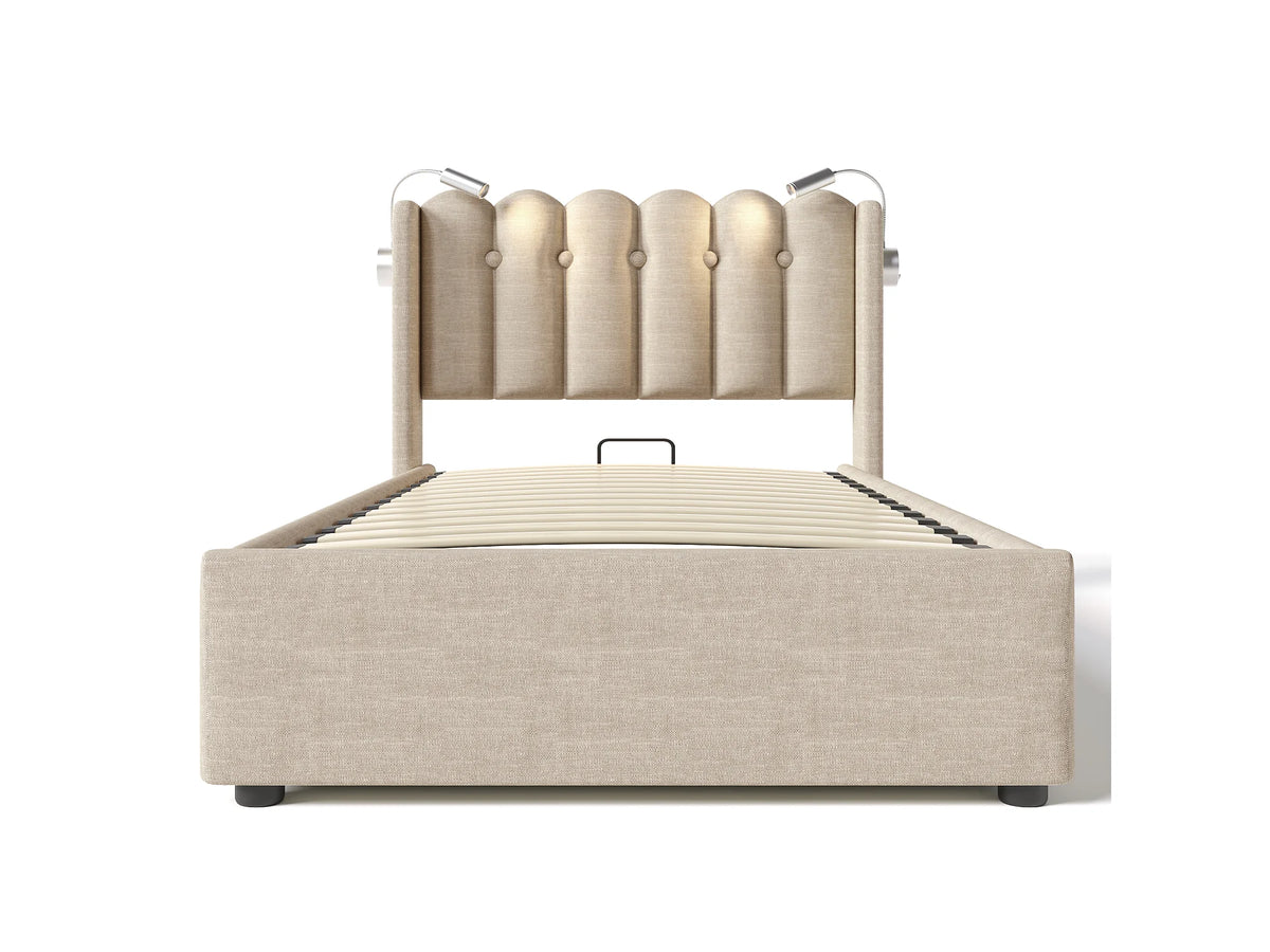 Lit Coffre 90x200 Tissu Lin Naturel clair avec Port USB — vue 5