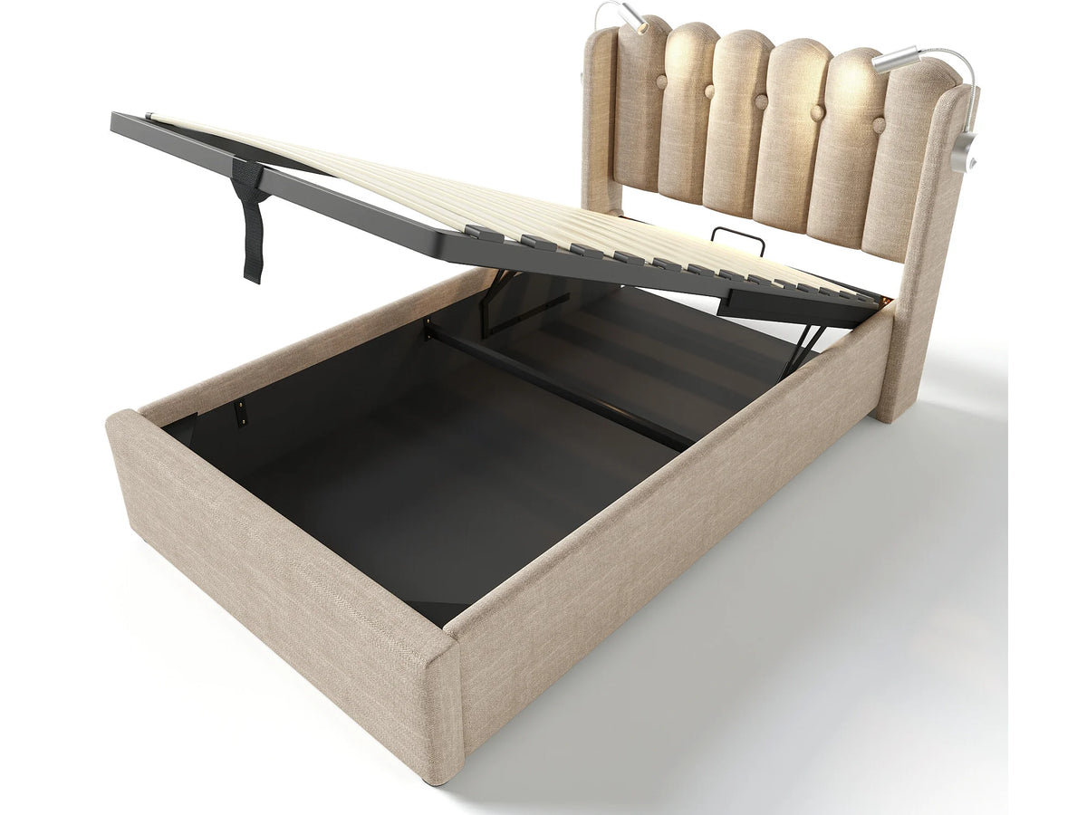 Lit Coffre 90x200 Tissu Lin Naturel clair avec Port USB — vue 10