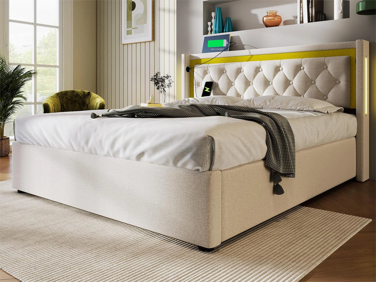 Lit Coffre 140x200 Métal Beige avec LED et Port USB