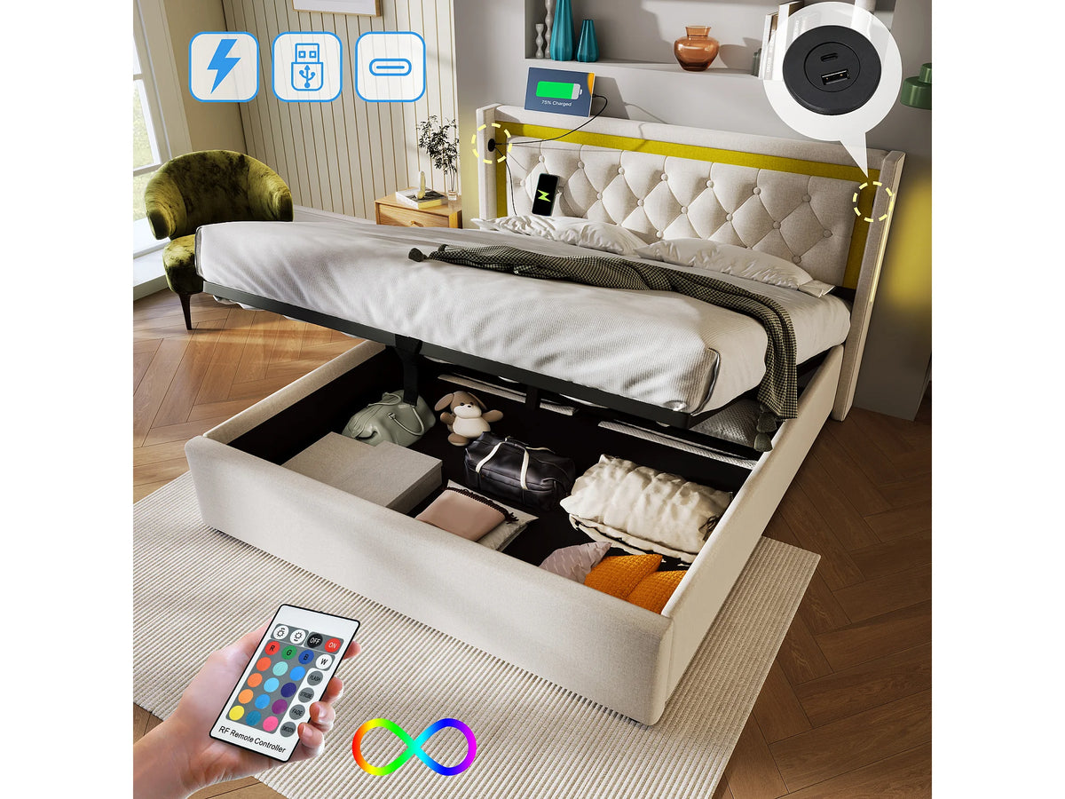 Lit Coffre 140x200 Métal Beige avec LED et Port USB — vue 3