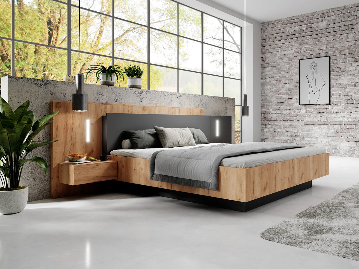 Lit Coffre 140x190 Bois Naturel clair avec Chevets, Matelas, LED et Tiroirs - FRANCOLI — vue 2