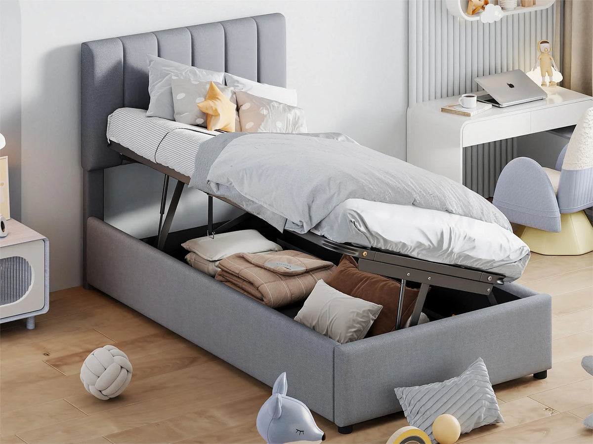 Lit Coffre 90x200 Tissu Lin Gris