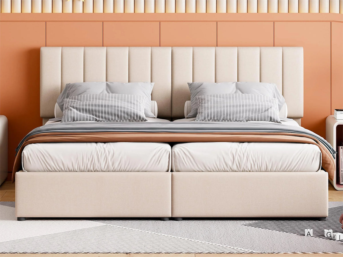 Lit Coffre 90x200 Tissu Lin Beige — vue 2