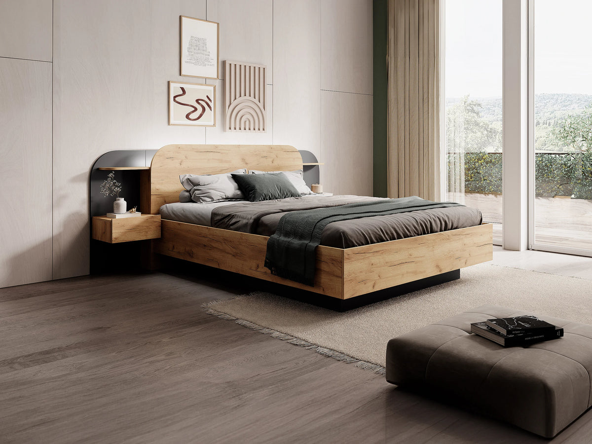 Lit Coffre 160x200 Bois Naturel clair avec Chevets, LED et Tiroirs - JUVISIA — vue 2