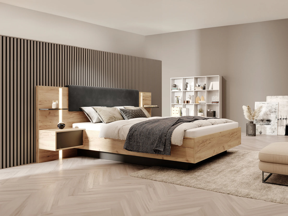 Lit Coffre 140x190 Bois Naturel clair avec Chevets, LED et Tiroirs - ELYNIA — vue 2