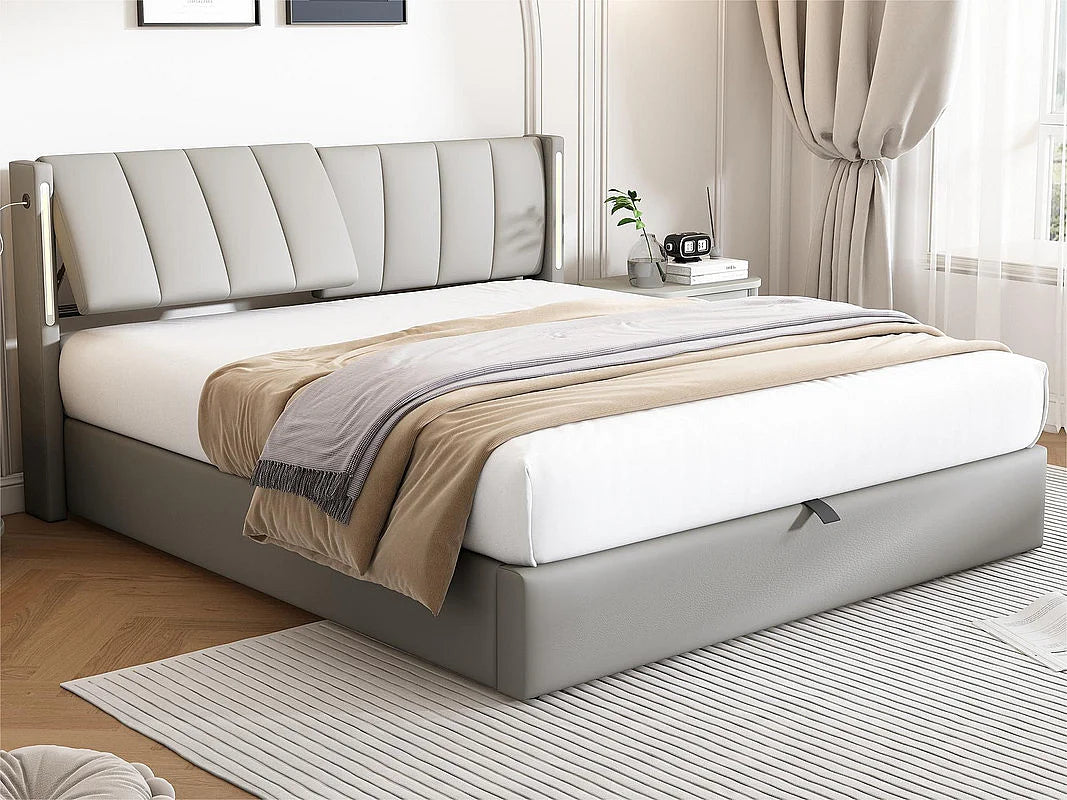Lit Coffre 140x200 Simili Cuir Gris avec LED et Port USB