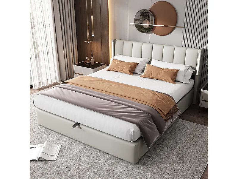 Lit Coffre 140x200 Simili Cuir Gris avec LED et Port USB — vue 2