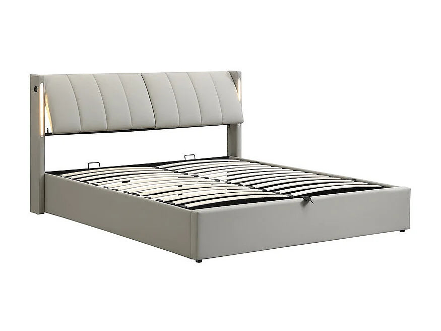 Lit Coffre 140x200 Simili Cuir Gris avec LED et Port USB — vue 4