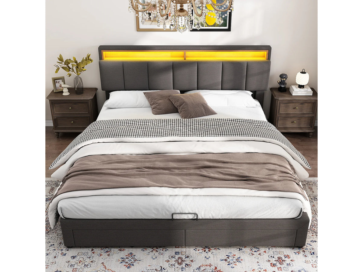 Lit Coffre 160x200 Tissu Lin Gris avec LED et Tiroirs — vue 2
