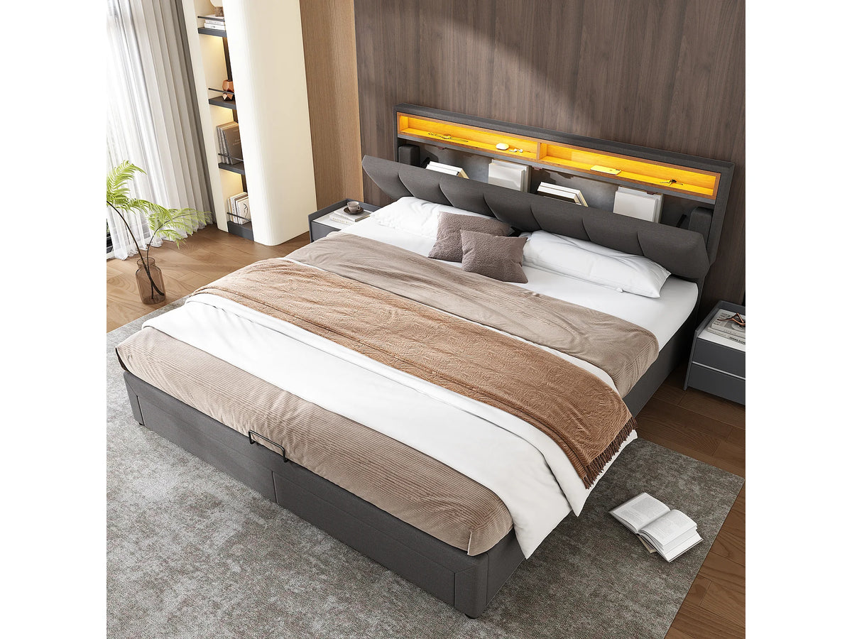 Lit Coffre 160x200 Tissu Lin Gris avec LED et Tiroirs — vue 7