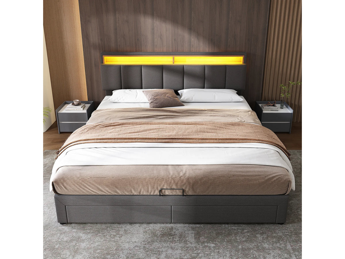 Lit Coffre 160x200 Tissu Lin Gris avec LED et Tiroirs — vue 8
