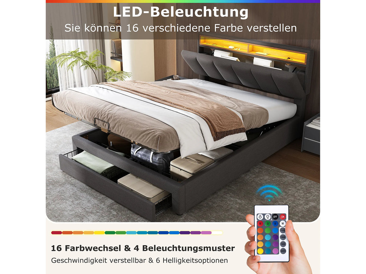 Lit Coffre 160x200 Tissu Lin Gris avec LED et Tiroirs — vue 6