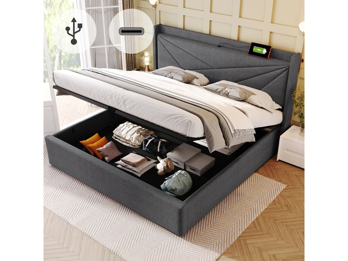 Lit Coffre 180x200 Tissu Lin Gris avec Chevets et Port USB — vue 3