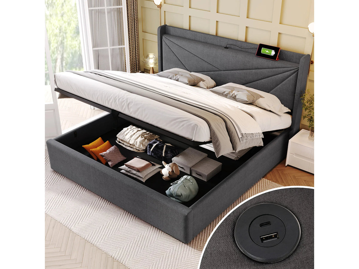Lit Coffre 180x200 Tissu Lin Gris avec Chevets et Port USB — vue 4