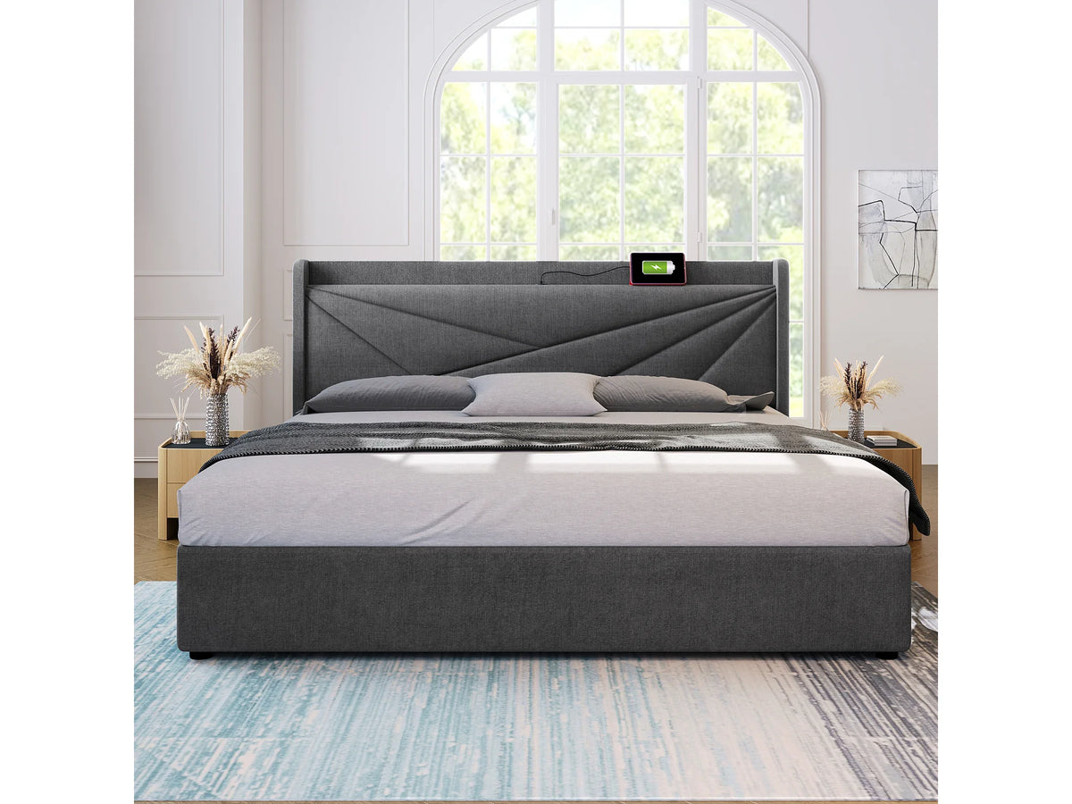 Lit Coffre 180x200 Tissu Lin Gris avec Chevets et Port USB — vue 9