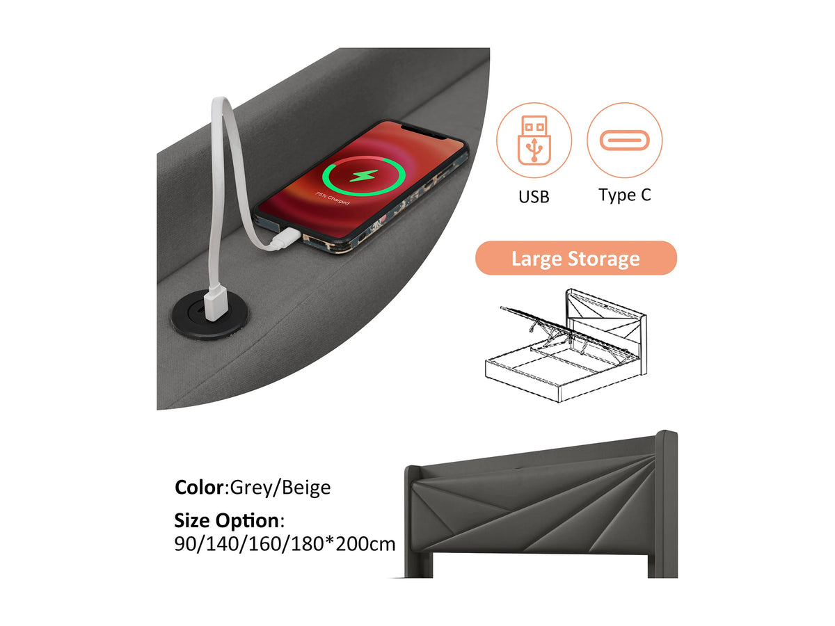 Lit Coffre 180x200 Tissu Lin Gris avec Chevets et Port USB — vue 6