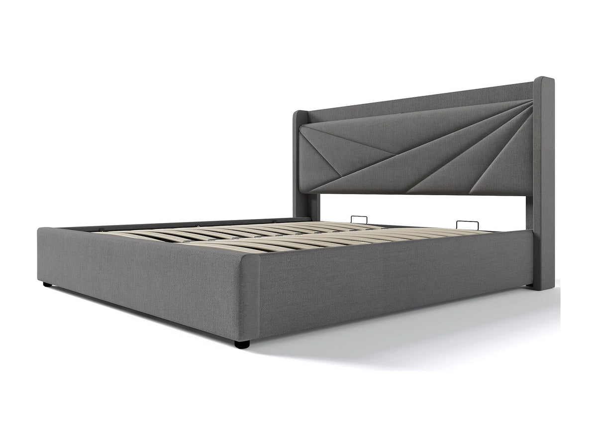 Lit Coffre 180x200 Tissu Lin Gris avec Chevets et Port USB — vue 10