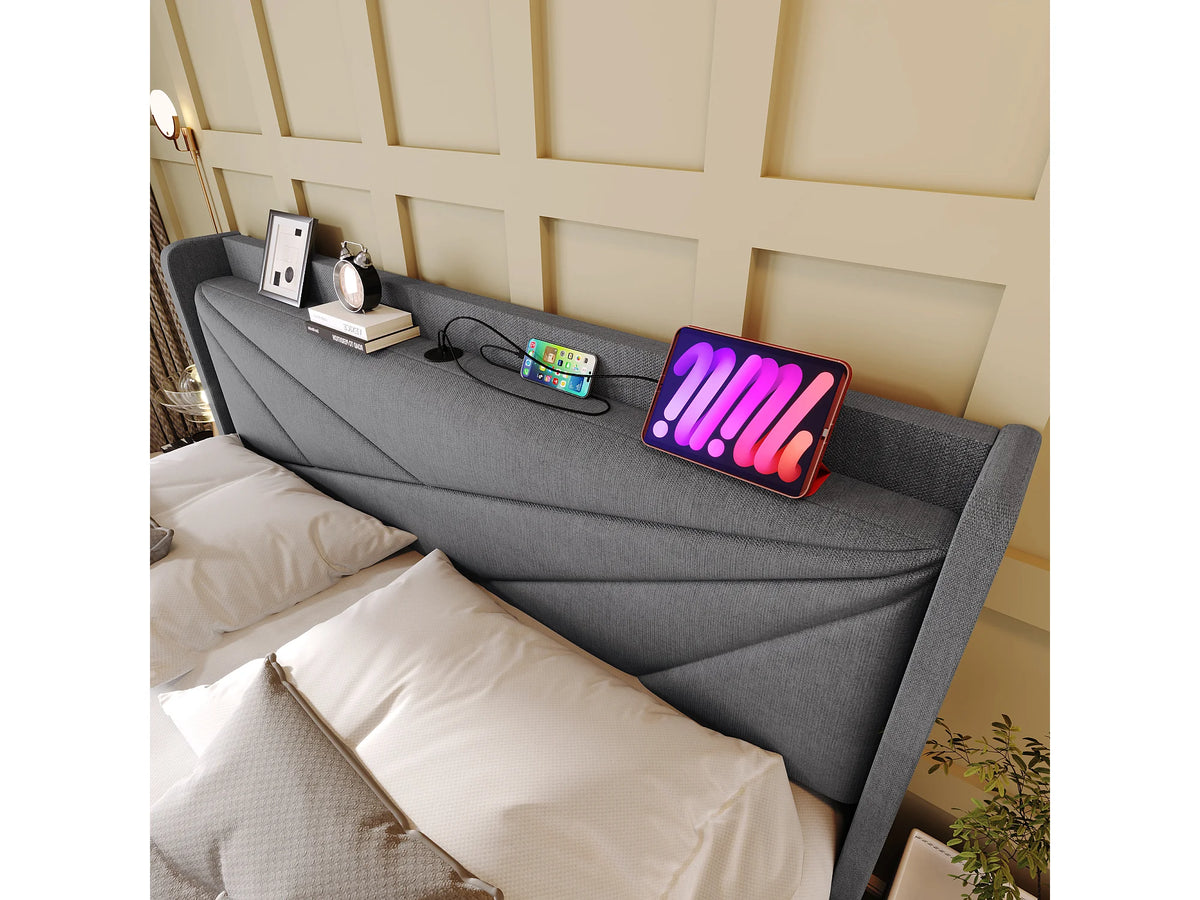 Lit Coffre 180x200 Tissu Lin Gris avec Chevets et Port USB — vue 8