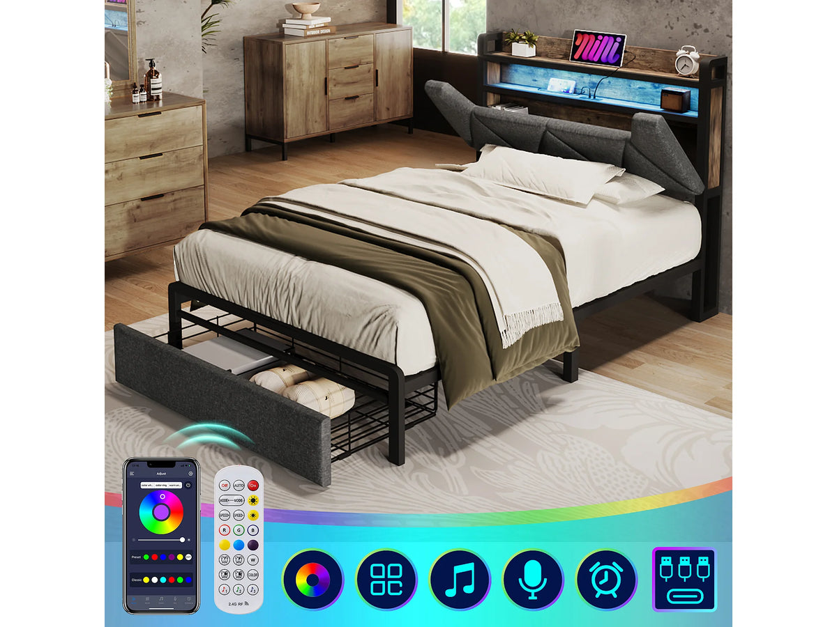 Lit Coffre 90x200 Tissu Lin Gris avec LED, Tiroirs et Port USB — vue 3
