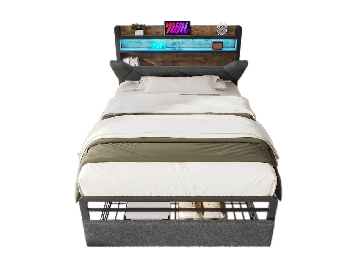 Lit Coffre 90x200 Tissu Lin Gris avec LED, Tiroirs et Port USB — vue 4