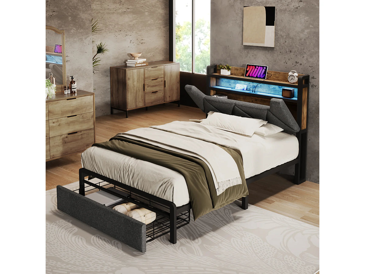 Lit Coffre 90x200 Tissu Lin Gris avec LED, Tiroirs et Port USB — vue 2