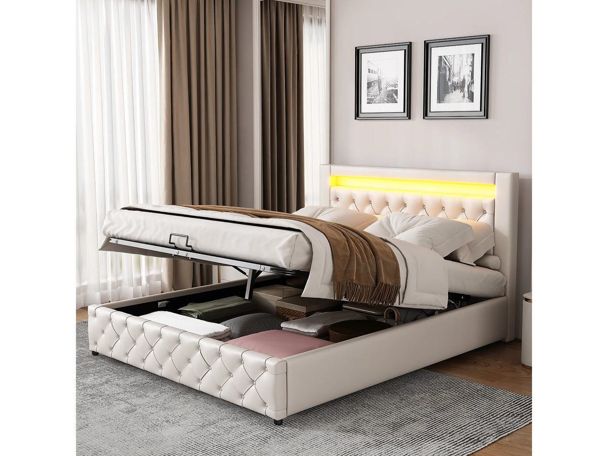 Lit Coffre 160x200 Simili Cuir Beige Capitonné avec Chevets, LED et Port USB — vue 2