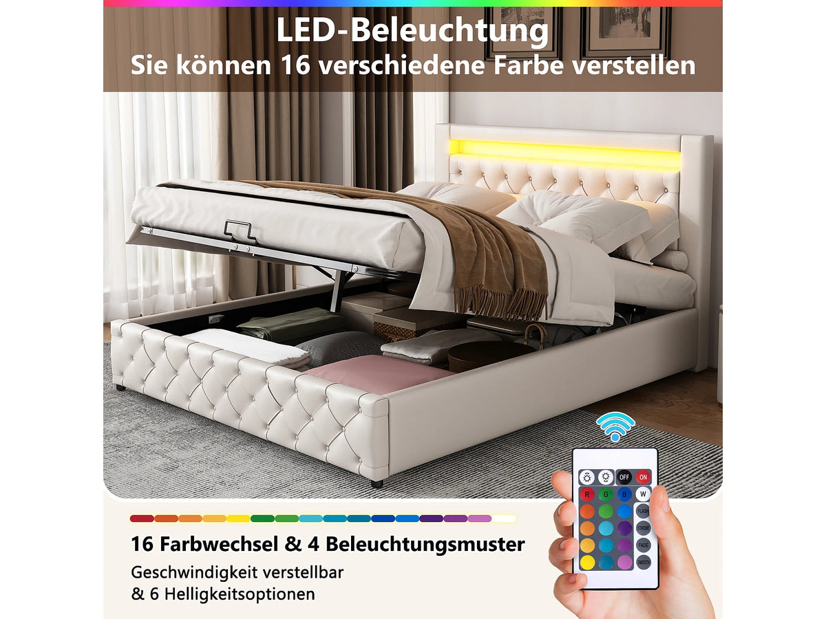 Lit Coffre 160x200 Simili Cuir Beige Capitonné avec Chevets, LED et Port USB — vue 10