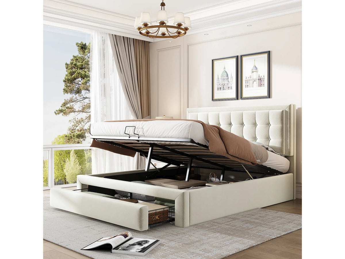 Lit Coffre 140x200 Velours Beige Capitonné avec Tiroirs