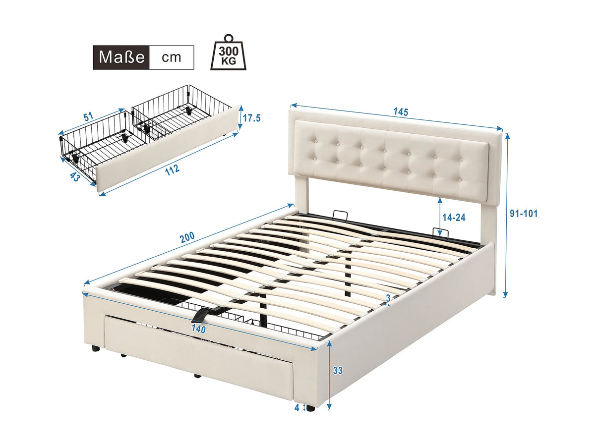 Lit Coffre 140x200 Velours Beige Capitonné avec Tiroirs — vue 5