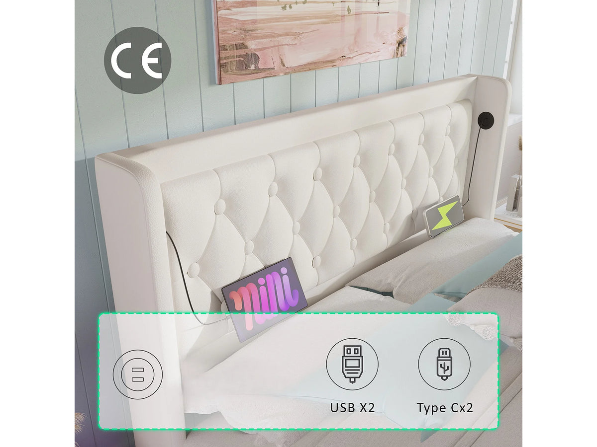 Lit Coffre 180x200 Simili Cuir Blanc Capitonné avec LED et Port USB — vue 7