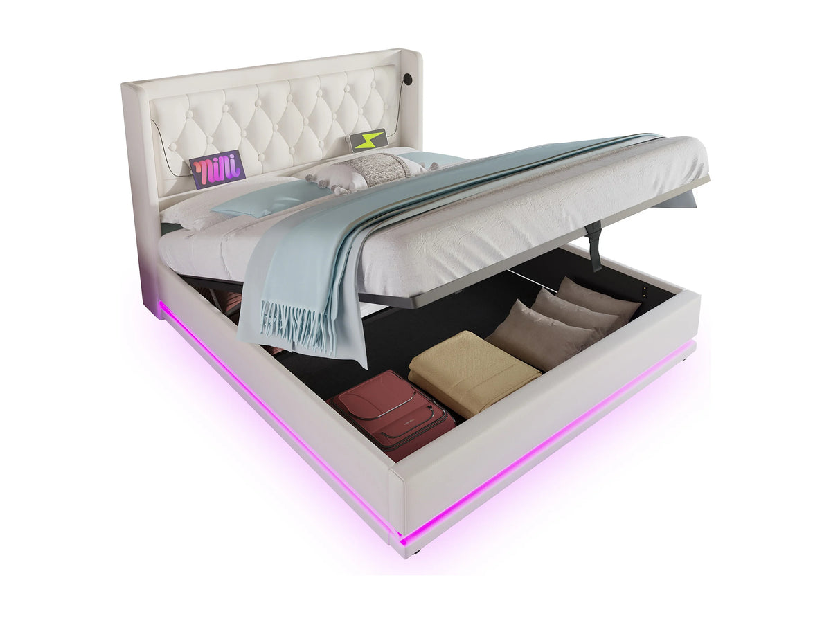 Lit Coffre 180x200 Simili Cuir Blanc Capitonné avec LED et Port USB — vue 4
