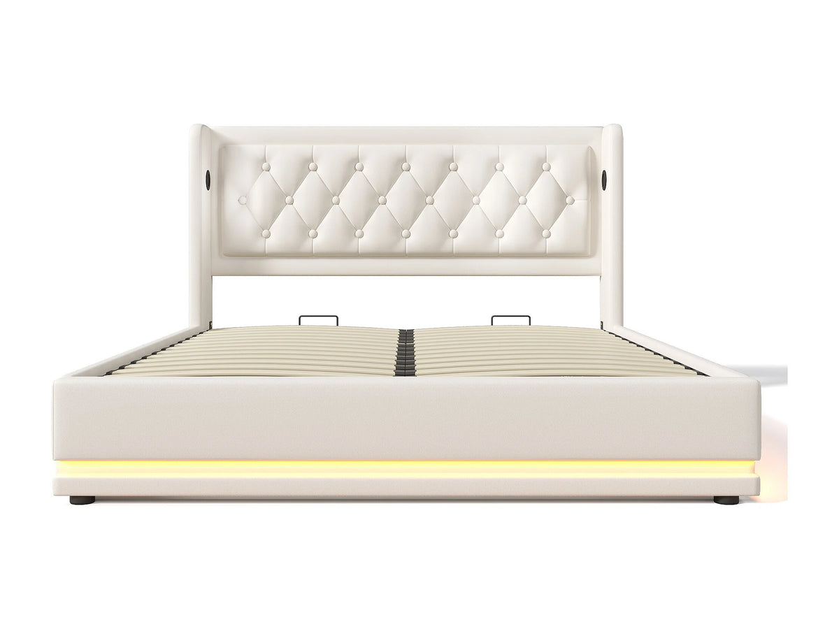 Lit Coffre 180x200 Simili Cuir Blanc Capitonné avec LED et Port USB — vue 5