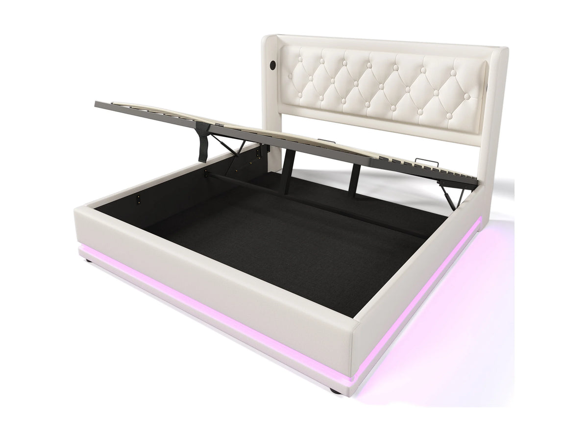 Lit Coffre 180x200 Simili Cuir Blanc Capitonné avec LED et Port USB — vue 6