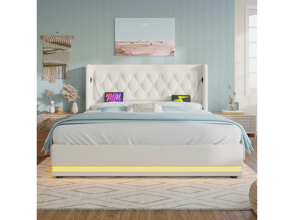 Lit Coffre 180x200 Simili Cuir Blanc Capitonné avec LED et Port USB — vue 3